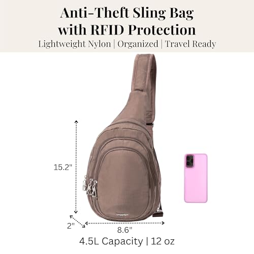 Baggallini Securtex® Anti-Theft Multi Zip Sling - Lightweight 8.6"x15.2" Travel Bag with Locking Zippers & RFID Protection - color: Portobello