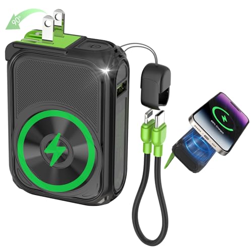 SEANCHEER P05 Portable Charger, Magnetic Power Bank, Small Wireless PowerBank,Emergency Battery Pack 10000mAh Travel Essentials Fast Charging with Built in Cable, Wall Plug for iPhone,Samsung,Andriod - color: Black
