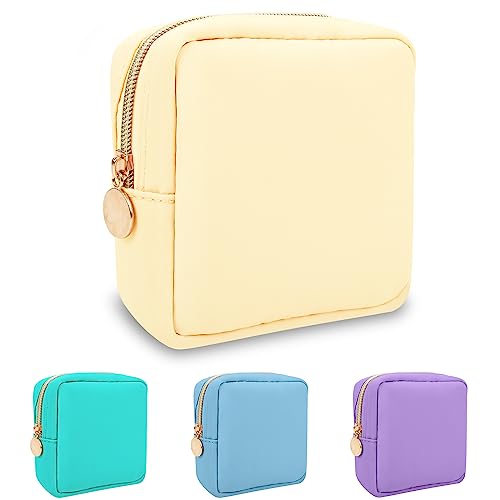 Nylon Mini Makeup Bag for Purse, Preppy Small Cute Makeup Bag Cosmetic Zipper Pouch Purse, Waterproof Travel Coin Pouch Sanitary Napkin Storage Bag Clutch Makeup Organizer for Women Men Girls(Beige) - color: Beige, size: Mini