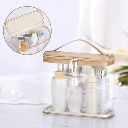 HAOGUAGUA Heavy Duty Leak Proof Clear Travel Bags for Toiletries, Transparent Makeup Cosmetic Bag with Zipper and Handle (1PCS GOLD, Large) - color: 1PCS GOLD