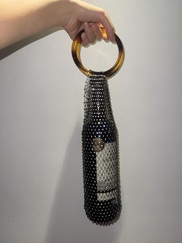 Munyee Hua Rhinestone Mesh Wine Bag Champagne Bottle Tote with Handle Reusable Gift Pouch Crystal Carrier Sparkly Bling Wedding Party Bridesmaid Gift Housewarming Holiday(Brown Handle Black Mesh) - color: Brown Handle Black Mesh