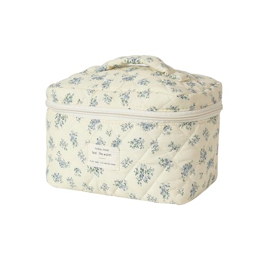 uekeboag Large Travel Quilted Makeup Bag for Women, Floral Cotton Cosmetic Bag, Coquette Aesthetic Floral Toiletry Organizer Bag - color: Blue Pattern
