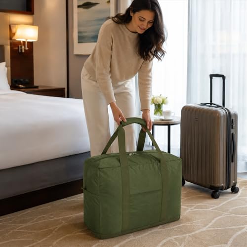 Foldable Travel Duffle Bag with Trolley Sleeve 40L Capacity, Lightweight Packable Travel Duffel Bags with the Keyhole Zipper, Weekender Overnight Nylon Carry on Bag for Men & Women, Army Green - color: Green