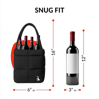 PUFT Puffer Wine Tote Bag – Insulated Wine Bottle Carrier for Bottles – Trendy Quilted Wine Bag - color: 4 Bottles Black