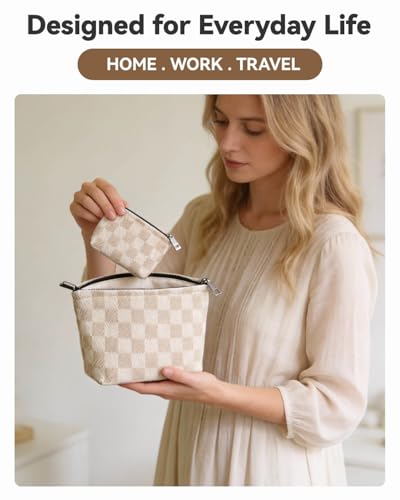 2 Pcs Checkered Makeup Bag Set Canvas Cosmetic Pouch for Women Large & Small Cute Preppy Aesthetic Travel Toiletry Pouch Organizer for Purse Skincare Brushes, Khahi - style: Khahi Checkered Canvas