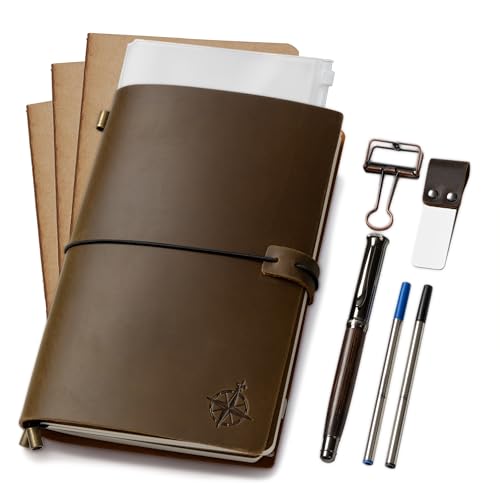 WANDERINGS A5 Travelers Notebook Bundle – 6" x 8.5" (15 x 22cm) – Genuine Leather Journal with Pen Holder, Pen, 2 Ink Refills, PVC Folder & Binder Clip - size: A5