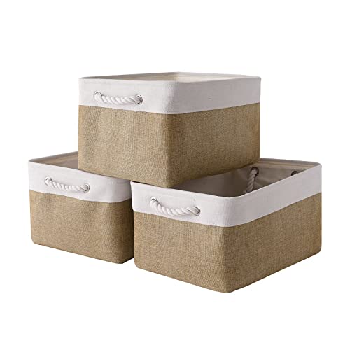 Rectangular Fabric Storage Baskets for Organizing, Shelves, Decorative & Gift (White & Peru) - color: White&Peru, size: Large (Pack of 3)