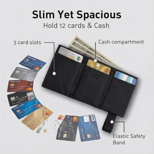 LIGHT FOLD Ultra Slim Tri-Fold Wallet with RFID Blocking, Lightweight Minimalist Men’s Wallet with Elastic Band, Waterproof Durable Nylon Fabric, Slim Front Pocket Card Holder Fits 12 Cards & Cash - color: Black