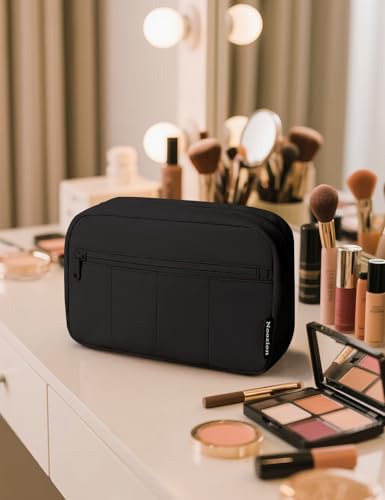 Noozion Makeup Bag Travel Toiletry Bag, Puffy Padded Cosmetic Bag for Women, Makeup Organizer Case, Wide-open Pouch Purse, Travel Essentials - color: Black