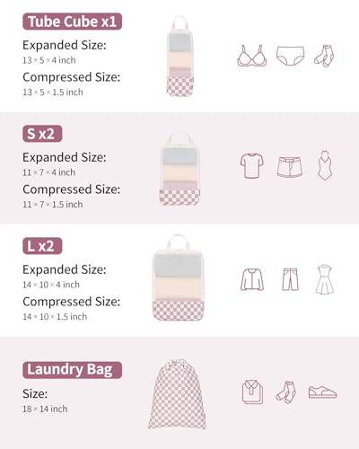 Narwey 6 Set Compression Packing Cubes for Travel Women Men, Travel Cubes for Carry On Suitcase, Durable Compression Luggage Organizer Bags - color: Z-Dusty Rose Checkerboard
