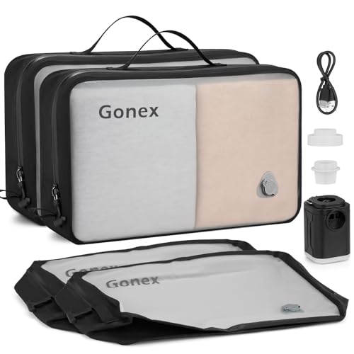 Gonex Vacuum Travel Bag with Pump, Reusable Compression Packing Bag with Handle & Transparent Window, Wide Opening, Waterproof Travel Storage Organizer for Carry-On Suitcase, Backpack (2PCS+Pump) - size: 2PCS with Pump