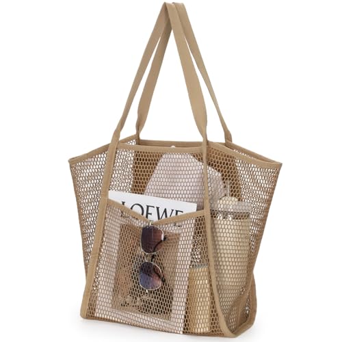F-color Mesh Beach Bag Family - Large Tote Bag 9 Pockets for Swim Pool Toys Cruise Beach Vacation Essentials - color: Brown, size: Large with Mesh Bottom