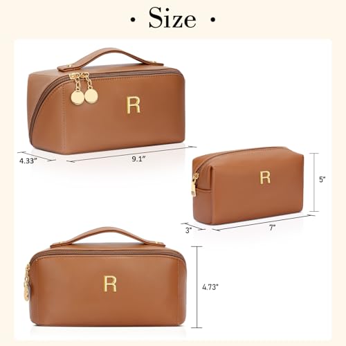 Birthday Gifts for Women Teen Girl, Personalized Initial Makeup Organizer Bag Set, Open Flat Travel Cosmetic Bag With Clear Divider and Handle(Brown,R) - color: Brown, style: R
