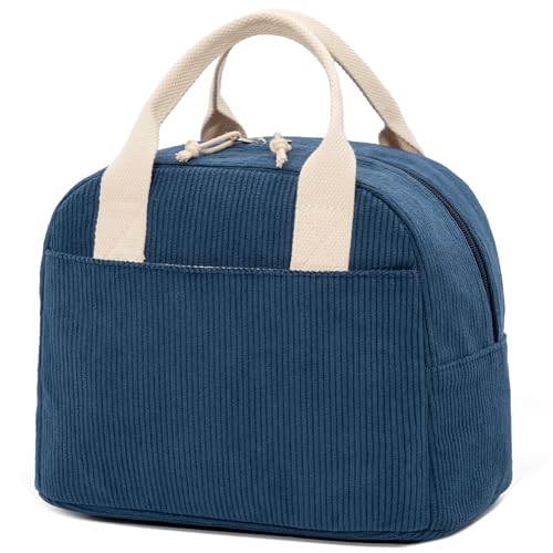 LOVELYWIND Insulated Navy Blue Lunch Bag for Women, Stylish Corduroy Tote with Aluminum Lining, Large Capacity Reusable Cooler for Work, Travel, or Beach, Beige Cream Water-Resistant Lunch Box - color: 7-Navy