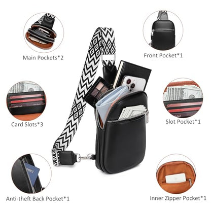 DIOMO Anti Theft Small Sling Bag for Women Cross Body Bag Trendy, RFID Fanny Packs Vegan Leather for Women Travel Belt Purse - color: 1-Black Silver Zipper