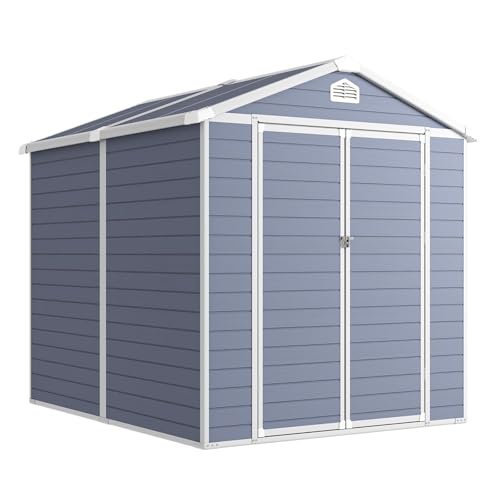 Aoxun 8 x 6 FT Outdoor Storage Shed with Window, Resin Shed with Floor & Lockable Doors, Garden Shed Waterproof Plastic Tool Shed with Sloped Roof for Backyard, Garden, Patio, Lawn, Grey
