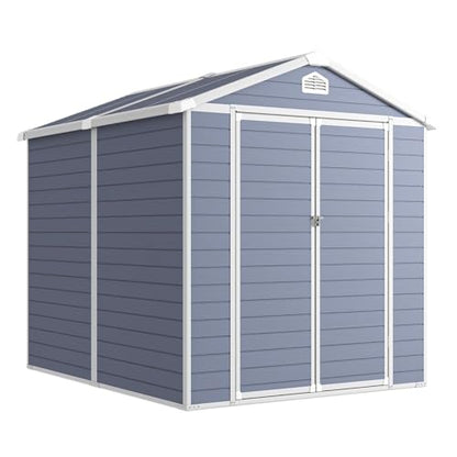 Aoxun 8 x 6 FT Outdoor Storage Shed with Window, Resin Shed with Floor & Lockable Doors, Garden Shed Waterproof Plastic Tool Shed with Sloped Roof for Backyard, Garden, Patio, Lawn, Grey