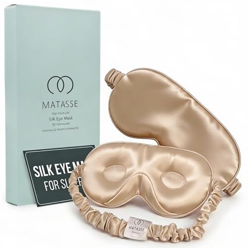 MATASSE 100% Mulberry Silk Sleep Mask 22 Momme Grade 6A - 3D Contoured Eye Mask for Sleeping, 14mm Deep Eye Cups, Total Blackout Blindfold for Women Men, Adjustable Strap, Side Sleeper (Champagne) - color: Champagne