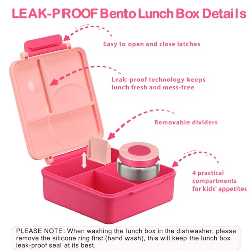 Bento Lunch Box Set for Kids with 8oz Soup Thermo, Leak-Proof Lunch Containers with 4 Compartment, Kids Thermo Hot Food Jar and Insulated Lunch Bag for Kid to School-Pink - color: Pink
