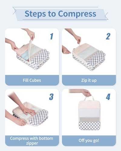 Narwey 6 Set Compression Packing Cubes for Travel Women Men, Travel Cubes for Carry On Suitcase, Durable Compression Luggage Organizer Bags - color: Z-Grayish Blue Checkerboard