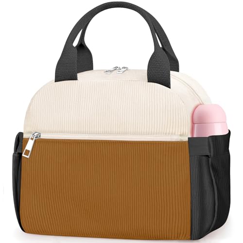 KUBYA Lunch Box for Women, Cute Grids Corduroy Insulated Lunch Bag Women Reusable Work Simple Adults Large Lunch Boxes Tote Bag Men Cooler Bag - color: B-B-Corduroy Black Brown, size: Medium - 10L