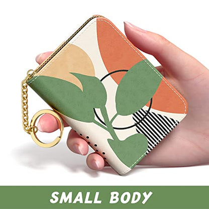 Aiawoxc Credit Card Holder, Small RFID Wallet Slim Leather Card Organizer Case with Zipper and Keychain, Modern Abstract Art - color: Tropical Plants, size: Keychain