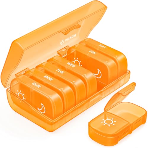 AUVON XL Weekly Pill Organizer 2 Times a Day, AM PM Pill Case with One-Side Large Opening for Easy to Use, Pill Box 7 Day Travel Medication Organizer for Medications, Vitamins, Fish Oils, Supplements - color: Orange