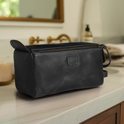 LEATHER VILLAGE Genuine Leather Travel Toiletry Bag - Water-Resistant Dopp Kit for Toiletries, Large Shaving Bag & Bathroom Organizer - Gift for Men & Women - Distressed Black - color: Distressed Black
