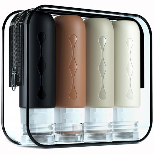 Gemice Travel Bottles for Toiletries, Tsa Approved Travel 3oz Size Containers with Clear Bag, BPA Free Leak Proof Travel Tubs Refillable Liquid Travel Accessories for Cometic Shampoo Lotion (4 Pack) - color: Brown, size: 3oz (90ml)