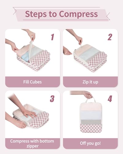 Narwey 6 Set Compression Packing Cubes for Travel Women Men, Travel Cubes for Carry On Suitcase, Durable Compression Luggage Organizer Bags - color: Z-Dusty Rose Checkerboard