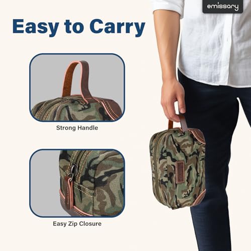 Emissary Leather & Canvas Dopp Kit - Men's Shaving & Toiletry Travel Bag, Small, Camo-Green - color: Camo-Green