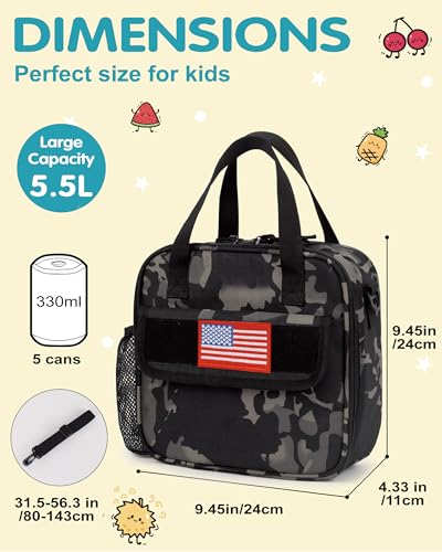 Tactical-style Lunch Bag 5L Kids Lunch Bag with Adjustable Shoulder Strap Easy to Clean Leakproof Wipeable liner Toddler Lunch Box Bag for Boys Girls School and Daycare - color: Black Camo