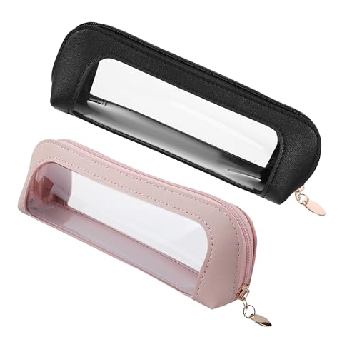 JMKEY Small Clear Makeup Bag, PU Leather Travel Makeup Brush Case Zipper, Double Sided Transparent Toiletry Bag, Portable Waterproof Cosmetic Organizer Pouch for Women Travel Cosmetic Storage - color: Black,Pink
