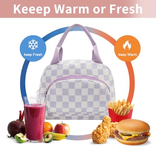 Lunch Bag Women Lunch Box for Women Adult Cute Insulated Lunch Bag Small Cooler Lunch Tote Bags for Work Picnic Travel(Beige-Purple Plaid) - color: Beige-Purple Plaid