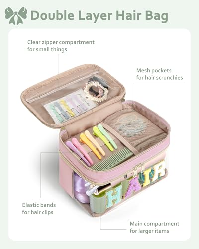 Fasrom Double Layer Hair Accessories Organizer, Preppy Patch Makeup Bag with HAIR Chenille Letter, Portable Travel Cosmetic Pouch Clear Toiletry Case for Women Girl, Pink(Bag Only, Patent Design) - color: Pink