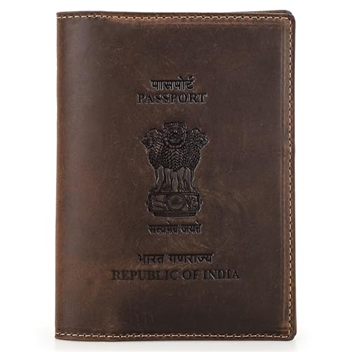 Top Grain Leather Single Travel Passport Wallet Embossing Badge for Unisex, Folio Design for Passport & Multi Cards, RFID Blocking for Passport/Cards/Checks/Bills/AirTag, Coffee Default, IN - color: 【IN】India Cover-Default Coffee, size: Badge Embossed Cov