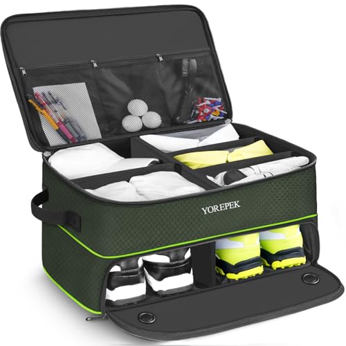YOREPEK 2 Layer Golf Trunk Organizer, Golf Gifts for Men with Separate Ventilated Compartment for 2 Pair Shoes, Waterproof Car Trunk Locker for Balls, Tees, Clothes, Gloves, Gifts for Golfers - color: Large-Green