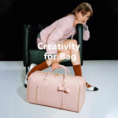 Garment Bags for Travel, Convertible Suit Travel Bag for Women, Fashion & Cute Carry On Garment Bag w/Shoes Pouch, 2 in 1 Foldable PU Leather Hanging Duffle Bag, Single-Zipper Design, Pink - color: Light Pink