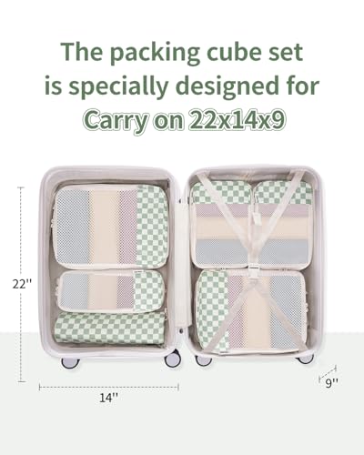 Narwey 6 Set Compression Packing Cubes for Travel Women Men, Travel Cubes for Carry On Suitcase, Durable Compression Luggage Organizer Bags - color: Z-Mint Green Checkerboard