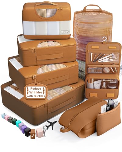 Veken 8 Set Packing Cubes for Travel Essentials, Suitcase Organizer Bags in 4 Sizes, Carry-On Luggage Accessories with Large Laundry & Shoes Bag, Must-Have for Airplane, Road Trip & Camping - color: 18 Brown