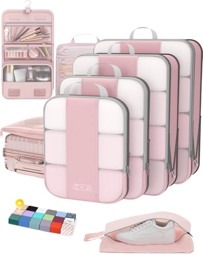 8 Set Compression Packing Cubes for Travel Essentials,Compressible Expandable Packing Cubes for Suitcase,OlarHike Luggage Garment Bags for Travel,Handy Helper for Organizing Clothes(Pink) - color: Pink