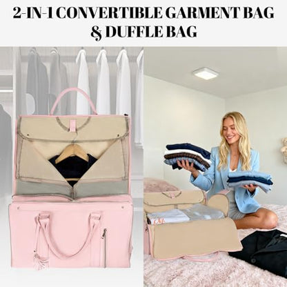 Geestock Garment Duffle Bags for Travel, Convertible Carry On Garment Bag with Shoe Pouch & Shoulder Strap, 2 in 1 Foldable PU Leather Suit Travel Bag for Women & Men, Pink - color: Pink