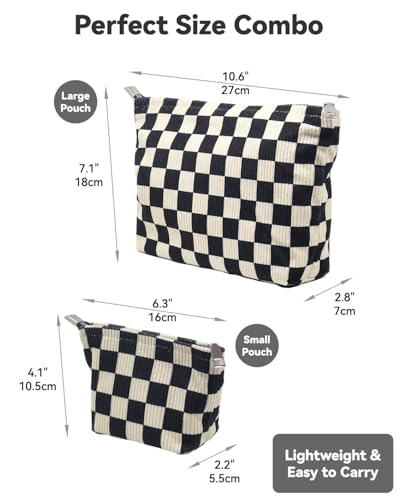 2 Pcs Checkered Makeup Bag Set Corduroy Cosmetic Pouch for Women Large & Small Cute Preppy Aesthetic Black And White Travel Toiletry Pouch Organizer for Purse Skincare Brushes - style: Checkered Black Corduroy