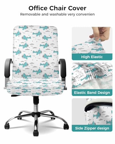 Turquoise Airplane Office Chair Covers, Stretchable Rotating Chair Slipcovers, Modern Abstract Art Cartoon Clouds Spandex Universal Boss Chairs Cover Removable Washable Seat Cover, Large - color: Grey, size: Large