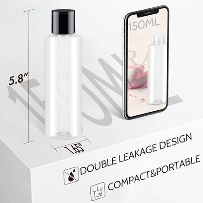 Clear 150ML/5OZ Travel Size Toiletries, 6 Pack Plastic Travel Bottles, Double Leak Proof Travel Size Containers for Shampoo, Lotion, Body Wash, Refillable Empty Travel Bottles with 6pcs Labels - color: Clear, size: 150ml(6pcs)