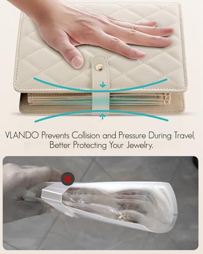 VLANDO Travel Jewelry Organizer Case,Valentines Gift,Jewelry Storage Book Ring Binder with Clear Zipper Velvet Jewelry Pouches Bags for Rings,Necklace,Earrings-Cream White - color: 01.Cream White