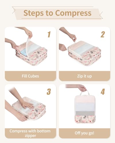 Narwey 6 Set Compression Packing Cubes for Travel Women Men, Travel Cubes for Carry On Suitcase, Durable Compression Luggage Organizer Bags - color: Y-Beige Flamingo