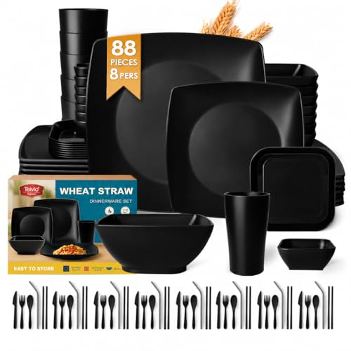 Teivio 88-piece With Flatware Plastic Kitchen Wheat Straw Square Dinnerware Set for 8, Unbreakable Dinner/Salad/Appetizer Plates, Snack Bowls, Dipping Sauce Cups,Tumblers, Dishwasher Safe Dish,Black - color: Black
