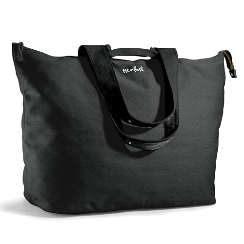 Fit & Fresh XL Beach Tote Bag for Women – XL Travel Tote with Zipper & Pockets, Oversized Canvas Pool Bag, Weekender Carry-On - color: Black