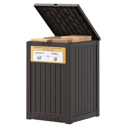 LHBGO Package Delivery Box for Outside, with Delivery Sign 48 Gallon Storage with Lockable Secure, Large Resin Outdoor Package Drop Container - color: Brown with Delivery Sign